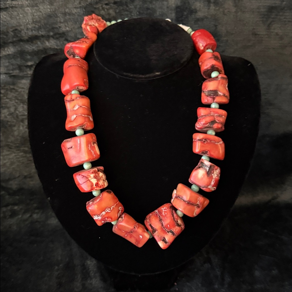 Chunky bold statement Red genuine, coral and turquoise Beaded Necklace new